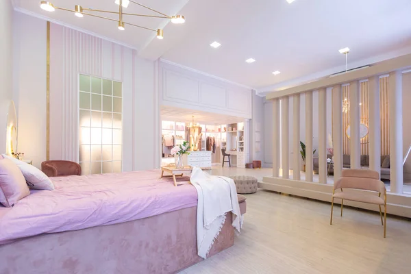 宽敞昂贵的豪华豪华的豪华的豪华的内部开放的计划公寓粉红色的更衣室 卧室面积和舒适的面积的客人与柔软的家具 时尚Led照明和巨大的窗户 — 图库照片