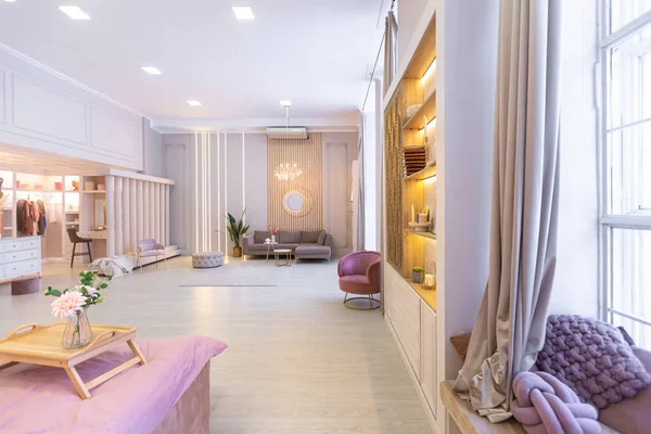 Espaçoso Luxuoso Interior Luminoso Apartamento Plano Aberto Cores Rosa Com — Fotografia de Stock