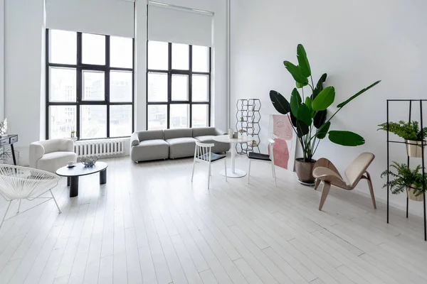 Design Interiores Minimalista Moderno Luz Quarto Monocromático Brilhante Com Mobiliário — Fotografia de Stock