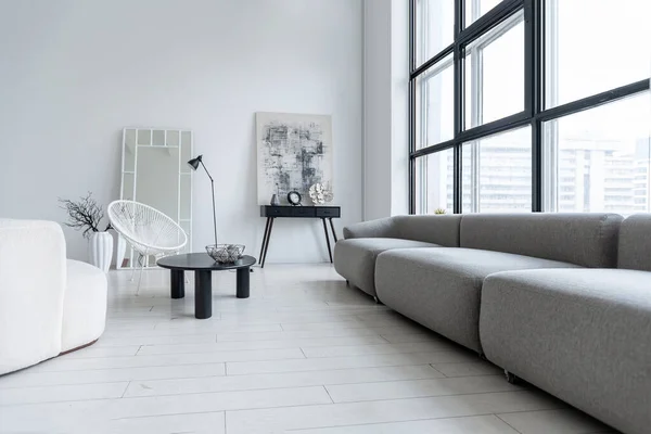 Moderno Diseño Interior Minimalista Luz Habitación Monocromática Brillante Con Muebles —  Fotos de Stock