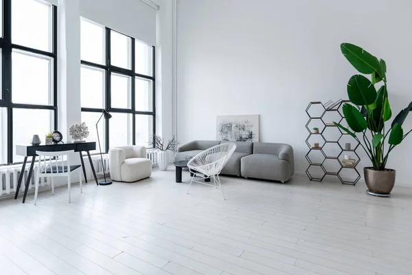 Desain Interior Modern Minimalis Dari Ruang Monokrom Terang Dengan Furnitur — Stok Foto