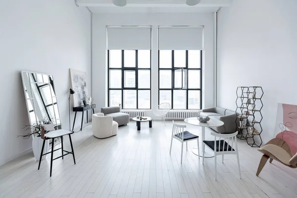 Desain Interior Modern Minimalis Dari Ruang Monokrom Terang Dengan Furnitur — Stok Foto