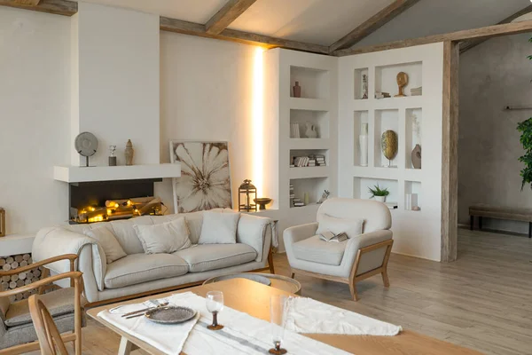 Acogedor Cálido Interior Una Casa Campo Elegante Con Plan Abierto — Foto de Stock