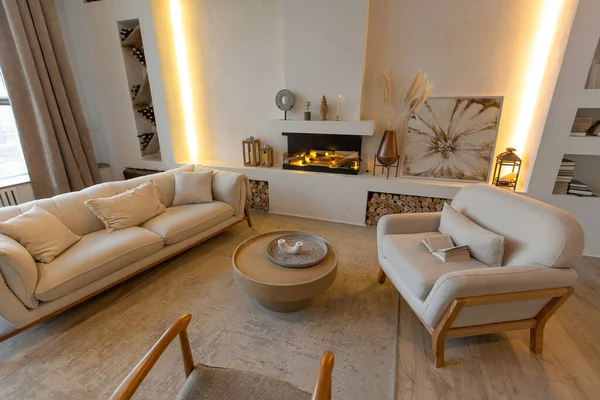 Acogedor Cálido Interior Una Casa Campo Elegante Con Plan Abierto — Foto de Stock