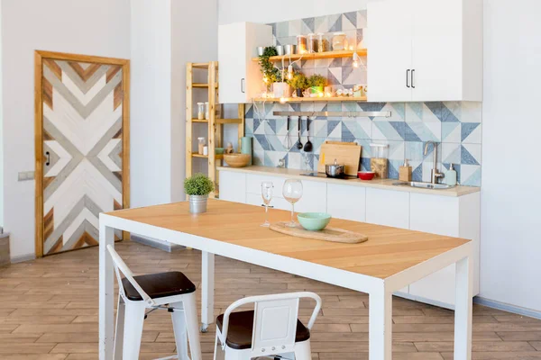 Elegante Apartamento Espaçoso Com Design Elegante Cores Pastel Verde Cinza — Fotografia de Stock