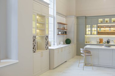 Yumuşak pastel renkli rahat bir stüdyonun ultra modern zarif iç mekânındaki son moda ev trendleri. Yemek pişirmek için bir adası olan şık bir mutfağın yakın çekimleri
