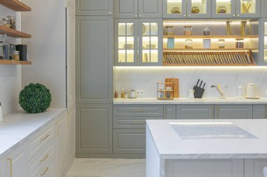 Yumuşak pastel renkli rahat bir stüdyonun ultra modern zarif iç mekânındaki son moda ev trendleri. Yemek pişirmek için bir adası olan şık bir mutfağın yakın çekimleri