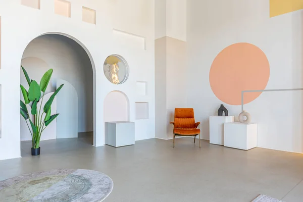 Modern Open Interieur Futuristische Stijl Pastelkleuren Met Grafische Wanddecoratie Zeer — Stockfoto