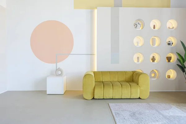 Modern Öppen Planlösning Rumsinredning Futuristisk Stil Pastellfärger Med Grafisk Väggdekoration — Stockfoto