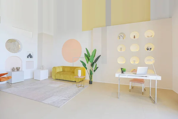 Modern Open Interieur Futuristische Stijl Pastelkleuren Met Grafische Wanddecoratie Zeer — Stockfoto