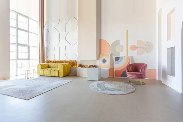 Moderno Interior Planta Abierta Estilo Futurista Colores Pastel Con Decoración — Foto de Stock