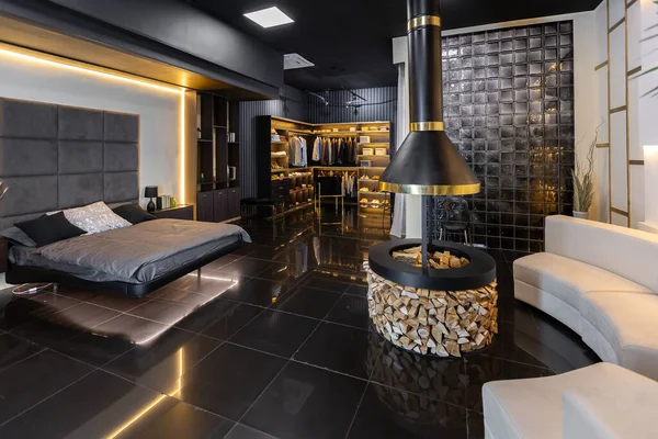Oscuro Moderno Elegante Apartamento Masculino Interior Con Iluminación Paredes Decorativas — Foto de Stock