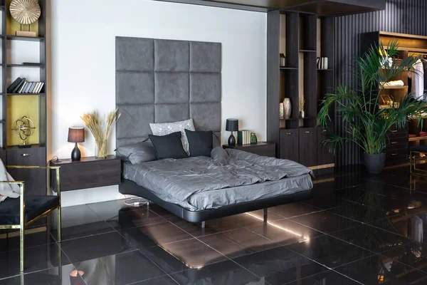Interior Apartemen Laki Laki Bergaya Gelap Modern Dengan Pencahayaan Dinding — Stok Foto