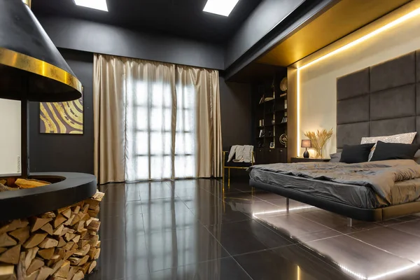 Oscuro Moderno Elegante Apartamento Masculino Interior Con Iluminación Paredes Decorativas —  Fotos de Stock
