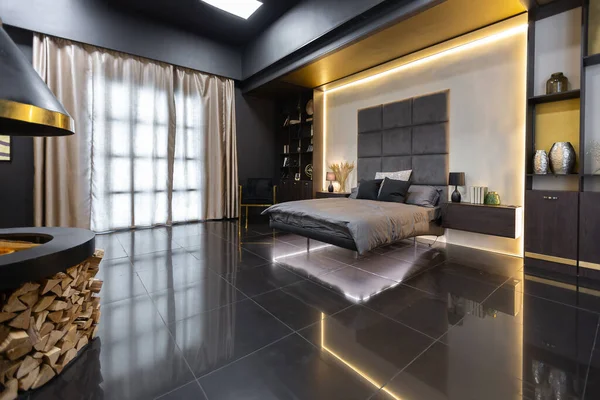 Donker Modern Stijlvol Mannelijk Appartement Interieur Met Verlichting Decoratieve Muren — Stockfoto