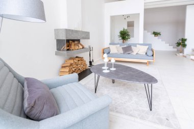 Lüks moda modern tasarım stüdyo dairesi. Bedava tasarımı çok az. Beyaz duvarları ve ahşap elementleri olan çok parlak geniş bir oda..