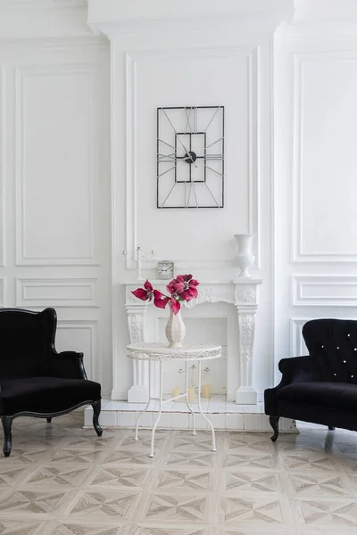 stock image Luxury white interior of living spacious room with elegant chic furniture and high windows.