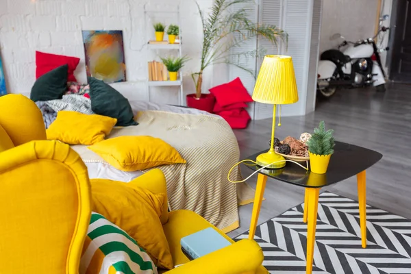 Trendig Mode Lyx Inredning Skandinavisk Stil Studio Lägenhet Med Ljusa — Stockfoto