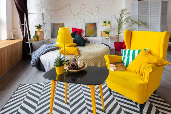 Trendy Fashion Luxury Interior Design Scandinavian Style Studio Apartment Bright — Stock Photo, Image