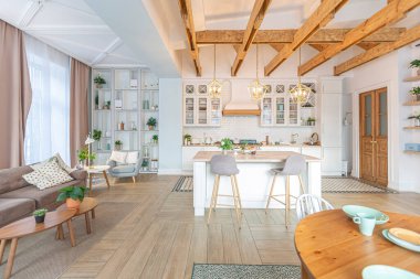 Modern, pahalı, lüks, açık planlı bir daire. Tavanda pastel renkli ahşap kirişler olan zengin İskandinav tarzı iç mekan.