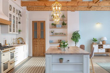 Modern, pahalı, lüks, açık planlı bir daire. Tavanda pastel renkli ahşap kirişler olan zengin İskandinav tarzı iç mekan.