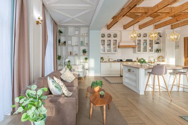 Modern, pahalı, lüks, açık planlı bir daire. Tavanda pastel renkli ahşap kirişler olan zengin İskandinav tarzı iç mekan.