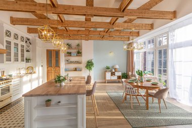 Modern, pahalı, lüks, açık planlı bir daire. Tavanda pastel renkli ahşap kirişler olan zengin İskandinav tarzı iç mekan.