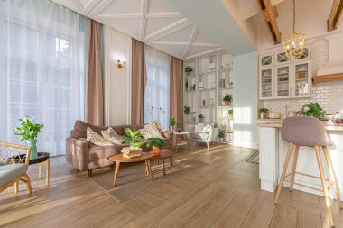 Modern, pahalı, lüks, açık planlı bir daire. Tavanda pastel renkli ahşap kirişler olan zengin İskandinav tarzı iç mekan.