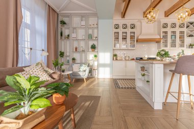 Modern, pahalı, lüks, açık planlı bir daire. Tavanda pastel renkli ahşap kirişler olan zengin İskandinav tarzı iç mekan.