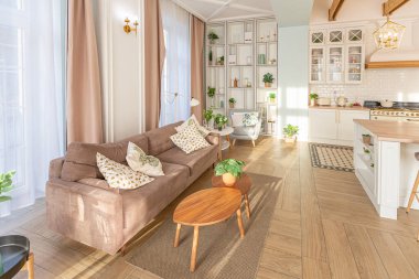 Modern, pahalı, lüks, açık planlı bir daire. Tavanda pastel renkli ahşap kirişler olan zengin İskandinav tarzı iç mekan.