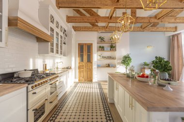 Modern, pahalı, lüks, açık planlı bir daire. Tavanda pastel renkli ahşap kirişler olan zengin İskandinav tarzı iç mekan.