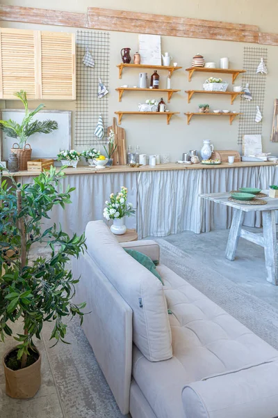 Simple Cozy Home Interior Open Plan Ordinary Room Kitchen Bedroom — Stock Photo, Image