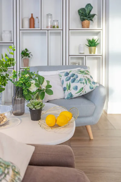 Poltrona Macia Azul Uma Bela Mesa Elegante Branca Com Plantas — Fotografia de Stock