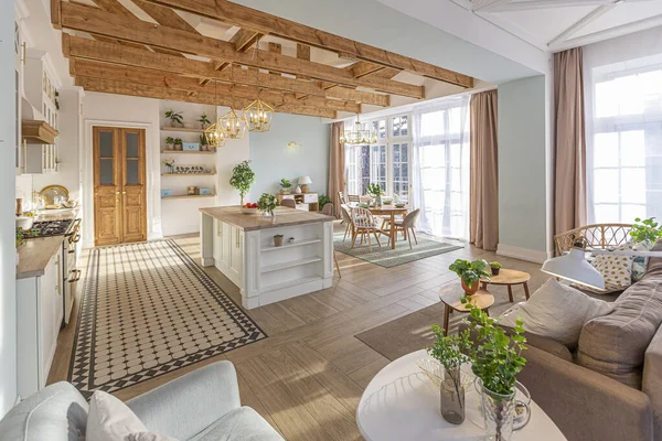 stock image modern expensive luxurious open-plan apartment. Rich Scandinavian-style interior with wooden beams on the ceiling in pastel colors