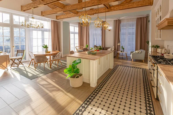 Modern Duur Luxe Open Appartement Rijk Scandinavisch Interieur Met Houten — Stockfoto