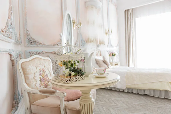 Luxurious Expensive Interior Design Bed Room Old Baroque Style Beige — Stock Photo, Image