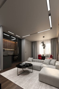 Küçük, rahat bir dairenin modern, koyu renk iç tasarımı. Moda döşenmiş mobilyalar, dahili aydınlatma, şık bir mutfak ve modaya uygun sandalyeli yemek masası.