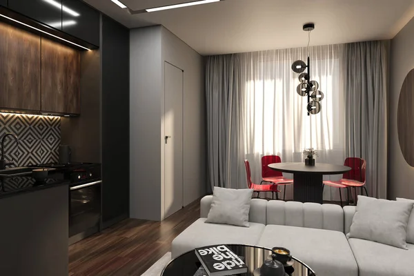 时尚的现代黑暗室内设计一个小舒适的公寓 时尚的装饰家具 内置照明 别致的厨房和有时髦椅子的餐桌 — 图库照片