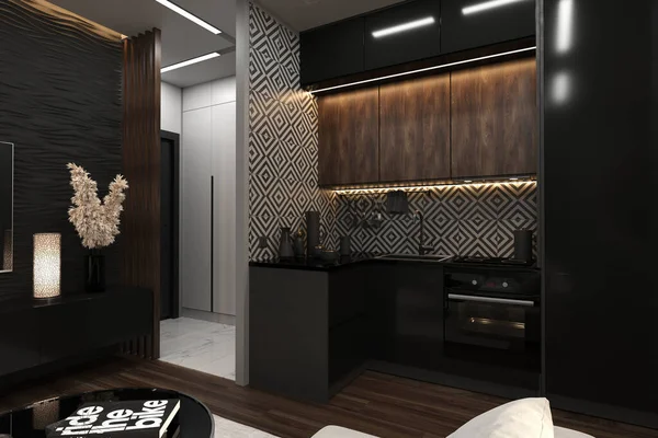 时尚的现代黑暗室内设计一个小舒适的公寓 时尚的装饰家具 内置照明 带有几何图案装饰瓷砖的别致厨房 — 图库照片