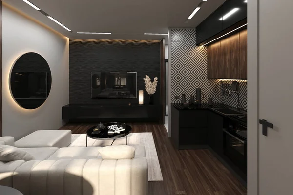 时尚的现代黑暗室内设计一个小舒适的公寓 时尚的装饰家具 内置照明 别致的厨房和电视后面的黑色装饰墙 — 图库照片