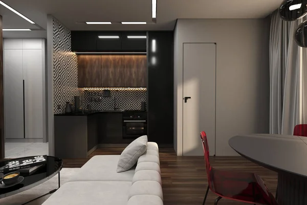 stylish modern dark interior design of a small cozy apartment. fashionable upholstered furniture, built-in lighting, chic kitchen with decorative tiles with a geometric pattern