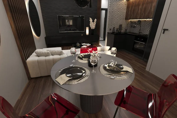 Elegante Moderno Design Interior Escuro Pequeno Apartamento Acolhedor Mobília Estofada — Fotografia de Stock
