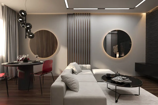stylish modern dark interior design of a small cozy apartment. fashionable furniture for relaxation and a coffee table. on the wall there is a decorative panel and a mirror in the form of a circle