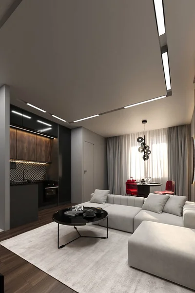 stylish modern dark interior design of a small cozy apartment. fashionable upholstered furniture, built-in lighting, a chic kitchen and a dining table with trendy chairs