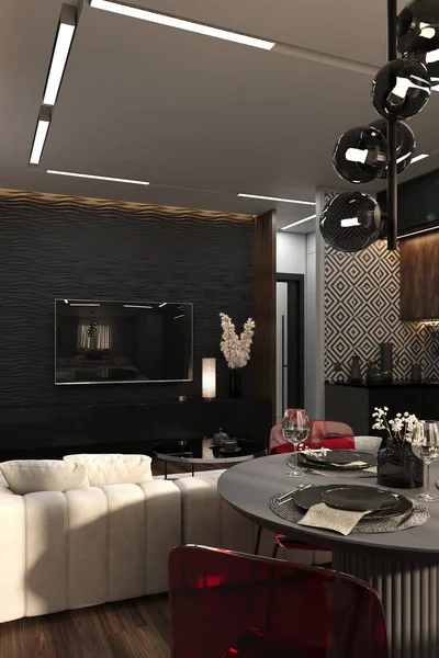stylish modern dark interior design of a small cozy apartment. fashionable upholstered furniture, built-in lighting, a chic kitchen and a black embossed decorative wall behind the TV