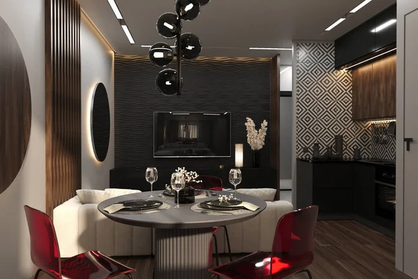 stylish modern dark interior design of a small cozy apartment. fashionable upholstered furniture, built-in lighting, a chic kitchen and a black embossed decorative wall behind the TV