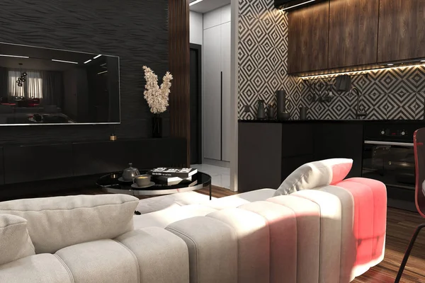 时尚的现代黑暗室内设计一个小舒适的公寓 时尚的装饰家具 内置照明 别致的厨房和电视后面的黑色装饰墙 — 图库照片