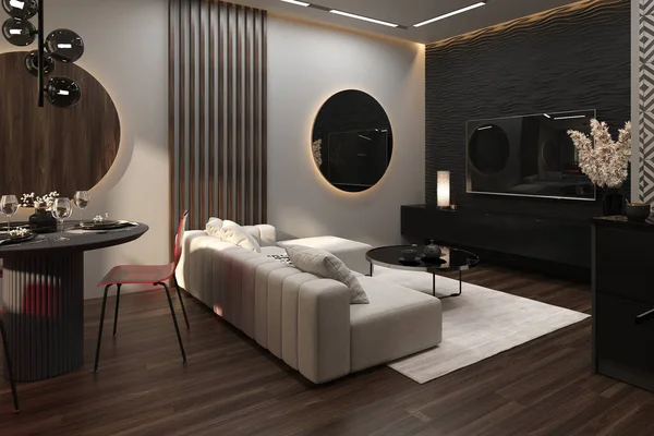 时尚的现代黑暗室内设计一个小舒适的公寓 休闲的时髦家具和咖啡桌 墙上有一个装饰面板和一个圆形的镜子 — 图库照片