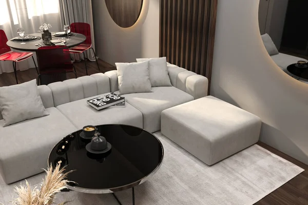 stylish modern dark interior design of a small cozy apartment. fashionable upholstered furniture for relaxation and a coffee table in close view