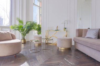 Şık, yumuşak bej mobilyalı, altın metalik elementli, yere açılan kocaman pencereli ve ahşap parke kaplı lüks ve parlak bir oturma odası.